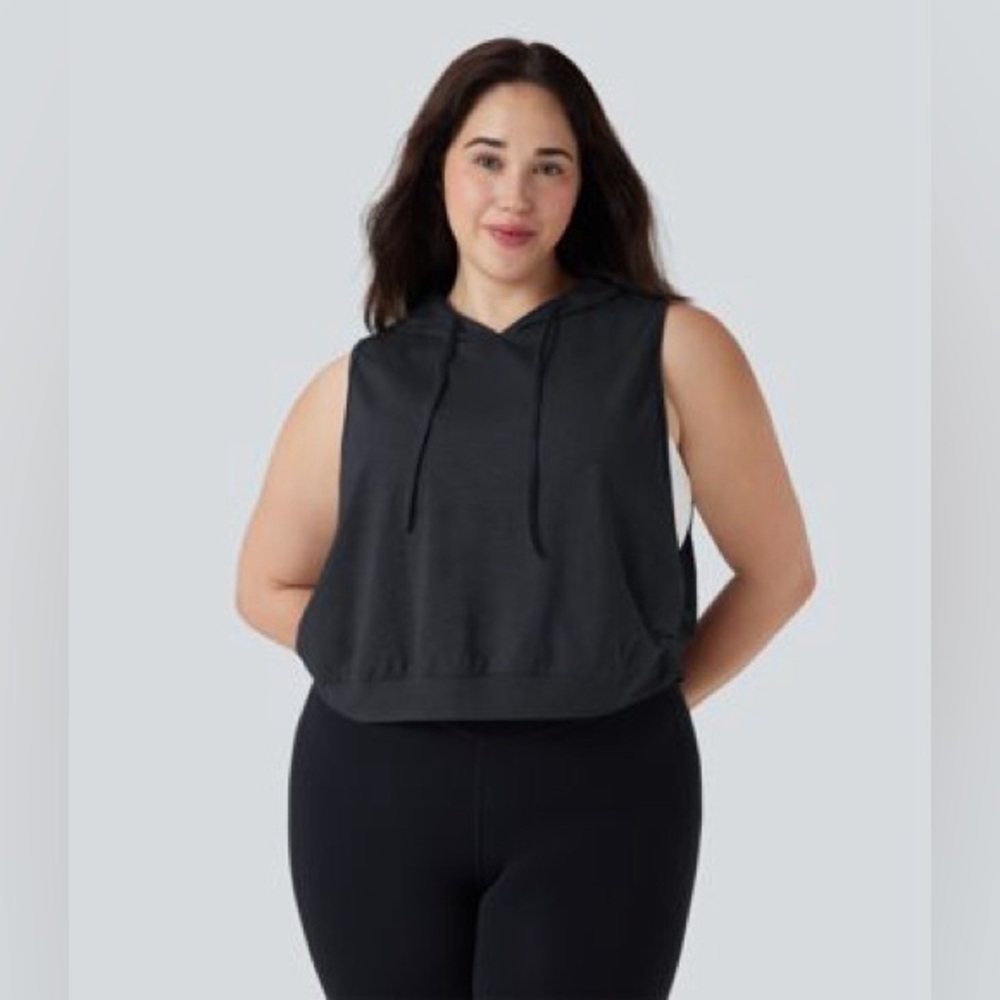 Halara Hooded Drawstring Sleeveless Cropped Tank Women’s XL Black Running Gym